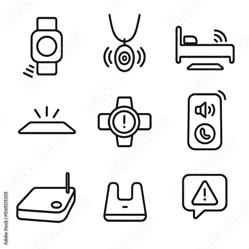 Fall Detection Icons. Line style icons of Fall Detection & Alarms: wearable fall sensor, pendant alarm button, bed exit alarm,