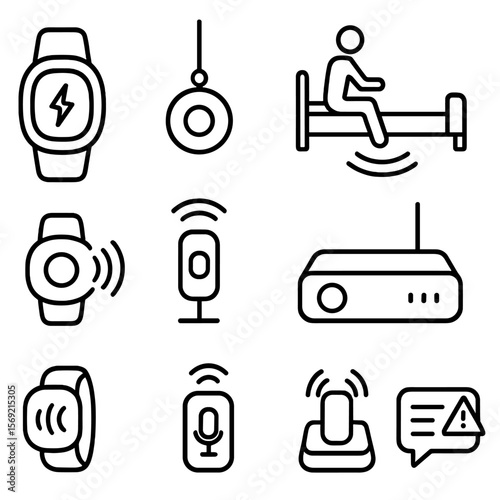 Fall Detection Icons. Line style icons of Fall Detection & Alarms: wearable fall sensor, pendant alarm button, bed exit alarm,