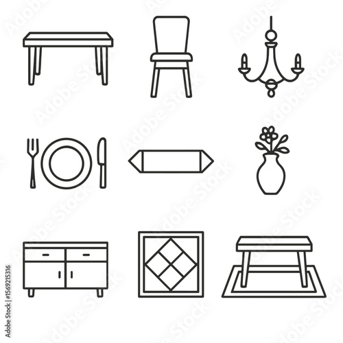 Dining Area Icons. Line style icons of Dining Area Setup: dining table, dining chair, chandelier, place mat, table runner,