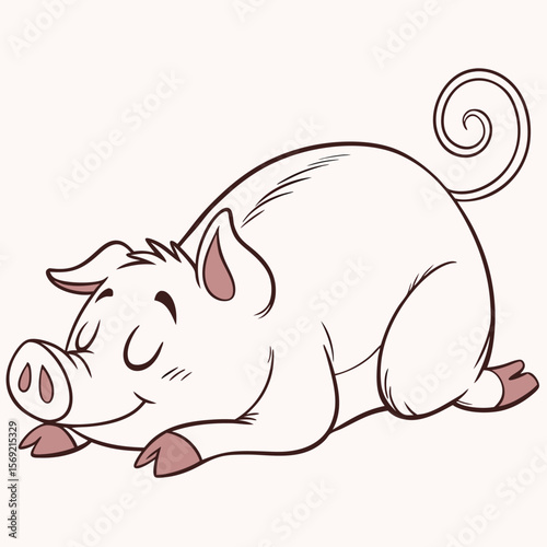 Sleeping Pig: A pig is deeply asleep, curled up with its eyes closed and a contented expression on its face.