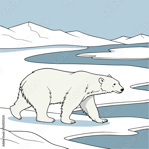 Polar Bear Walking on Ice: A majestic polar bear strides across a pristine arctic landscape, a symbol of resilience and the beauty of the polar regions.