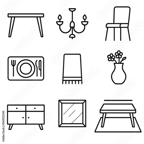 Dining Area Icons. Line style icons of Dining Area Setup: dining table, dining chair, chandelier, place mat, table runner,