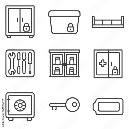 Safe Storage Icons. Line style icons of Safe Storage & Organization: lockable cabinet, storage bin, shelf guard, tool organizer,