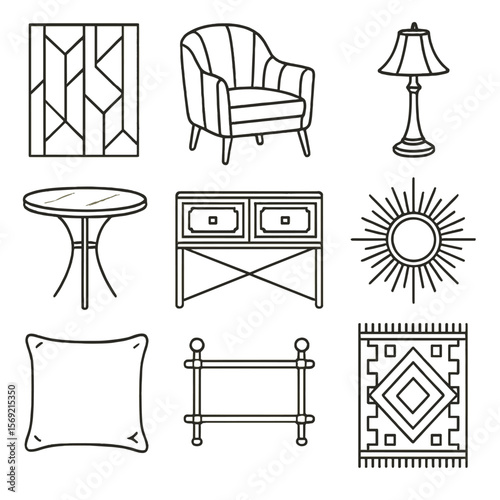 Art Deco Icon Set. Line style icons of Art Deco Interior: geometric wall panel, velvet armchair, brass lamp, mirrored console,