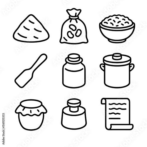 Miso Fermentation Tools. Line style icons of Miso Fermentation Tools: miso paste mound, dried soybean bag, koji rice bowl, wooden