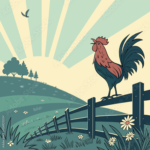 Sunrise Rooster's Call: The proud rooster's announces the dawning of a new day from its perch on a rustic fence. This evokes a sense of rural tranquility and the simple pleasures of farm life.