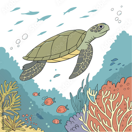 Sea Turtle Underwater: An illustrated sea turtle gracefully glides through a vibrant underwater world, surrounded by coral reefs and marine life.