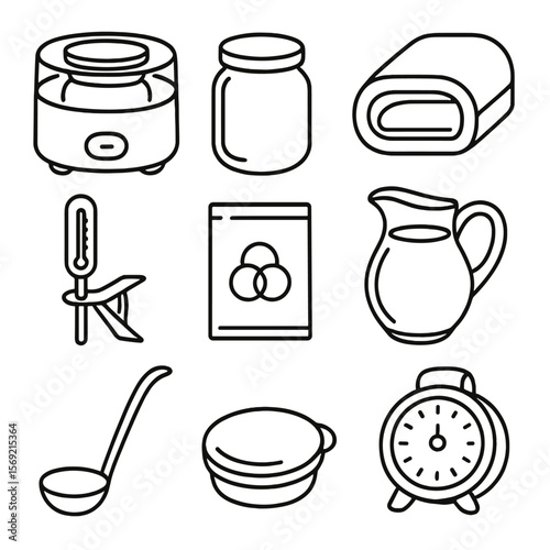 Yogurt Making Essentials. Line style icons of Yogurt Making Essentials: yogurt maker jar, heating element, incubation blanket,