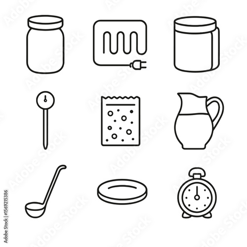 Yogurt Making Essentials. Line style icons of Yogurt Making Essentials: yogurt maker jar, heating element, incubation blanket,