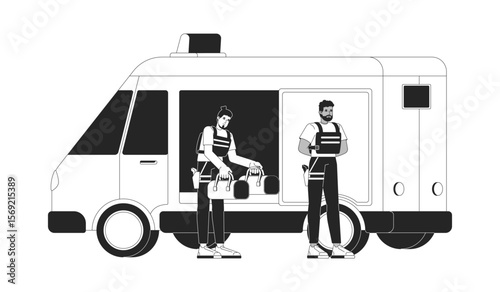 Cash in transit vehicle armored guards transport money outline illustration. Two security personnel unload bags from bank truck 2D line characters isolated on white. Monochrome vector ink linear image