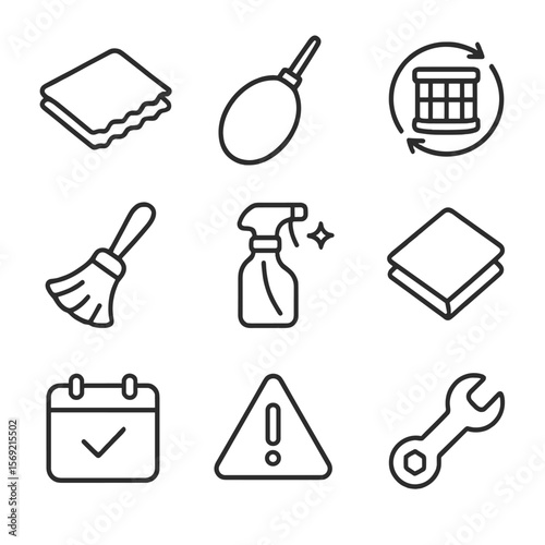 Cleaning Tools Icons. Line style icons of Cleaning & Maintenance: lens cleaning cloth, air blower bulb, filter replacement icon,
