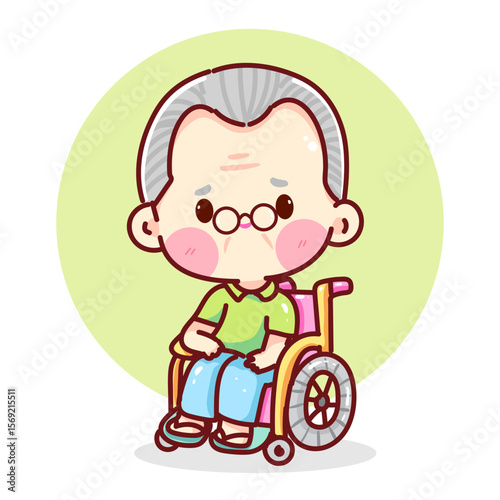 Cute Elderly Man Sitting in Wheelchair Cartoon