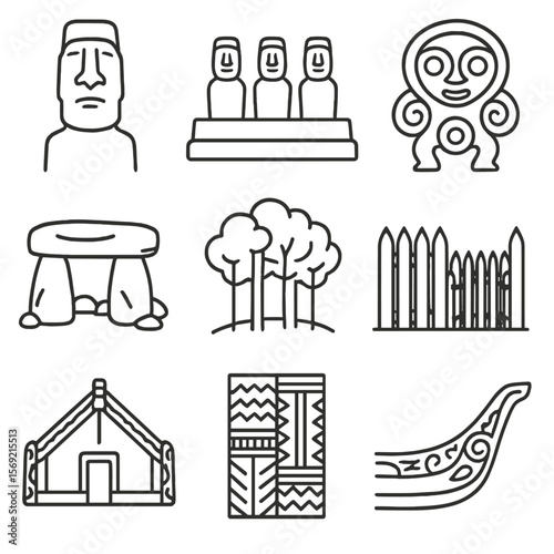 Oceanian Monument Icons. Line style icons of Oceanian Monuments: moai statue, ceremonial platform, rock carving, stone tomb,