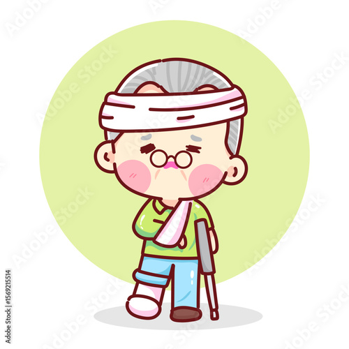 Injured Old Man with Crutch and Bandages Cartoon