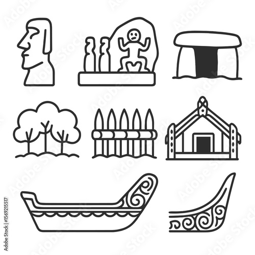 Oceanian Monument Icons. Line style icons of Oceanian Monuments: moai statue, ceremonial platform, rock carving, stone tomb,
