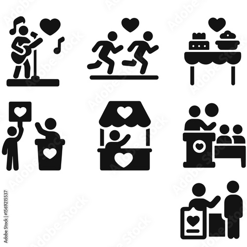 Charity Event Icons. Solid style icons of charity event activities: charity concert, charity race, bake sale, gala dinner, art