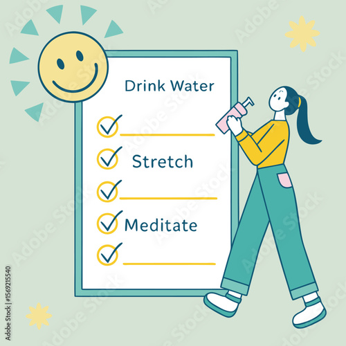 Daily wellness routines: A vibrant illustration captures the essence of a fulfilling daily routine, a woman embodies mindful wellness, promoting holistic self-care in this engaging image.