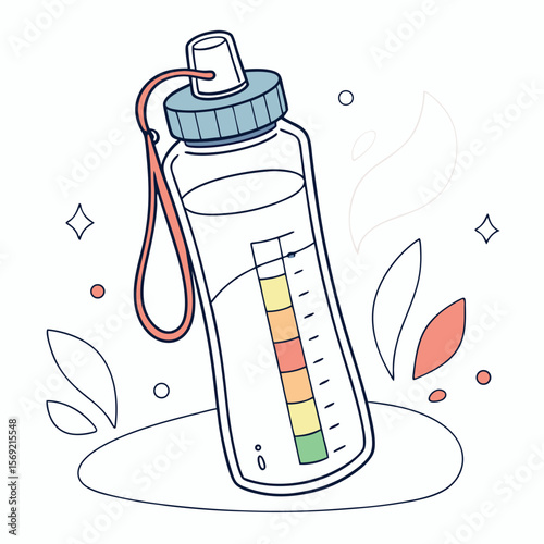 Hydration Bottle: A refreshing illustration of a transparent hydration bottle, offering a glimpse of the cool, refreshing liquid within, enhanced with clean lines, and gentle hues.