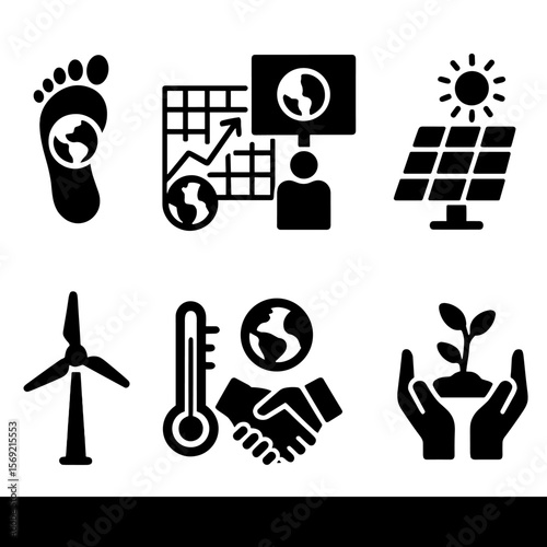 Climate Action Icons. Solid style icons of climate action: carbon footprint, global warming chart, climate protest, solar panel,
