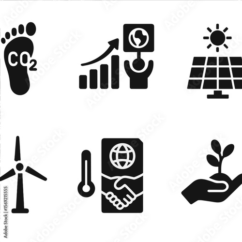 Climate Action Icons. Solid style icons of climate action: carbon footprint, global warming chart, climate protest, solar panel,