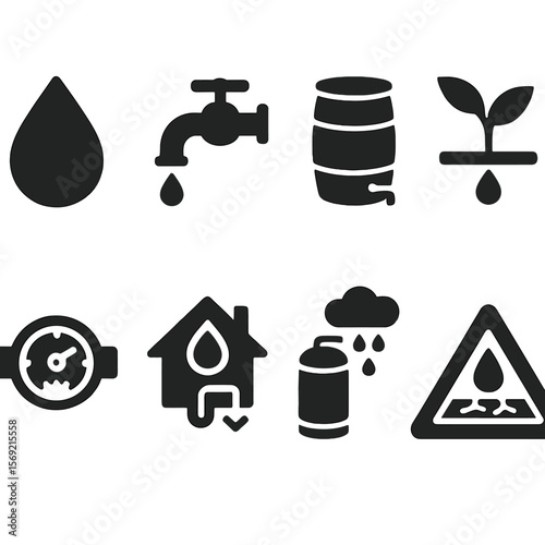 Water Conservation Icons. Solid style icons of water conservation: water drop, leaky tap, water barrel, drip irrigation, water use