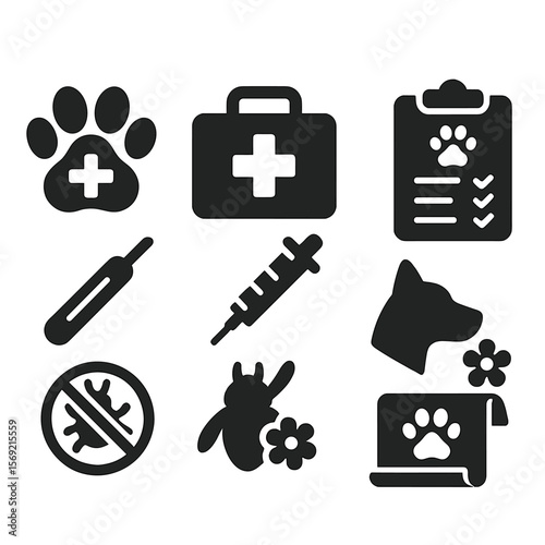 Pet Health Icons. Solid style icons of pet health: paw with cross, first aid kit, pet vaccine, health check chart, pet thermometer