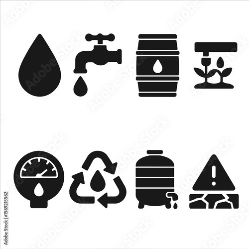 Water Conservation Icons. Solid style icons of water conservation: water drop, leaky tap, water barrel, drip irrigation, water use