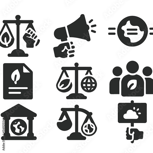 Environmental Justice Icons. Solid style icons of environmental justice: eco rights scale, activist megaphone, earth equality,