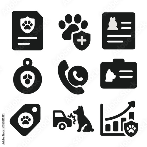 Pet Insurance Icons. Solid style icons of pet insurance: policy document, insured paw, claim form, pet ID, insurance tag,