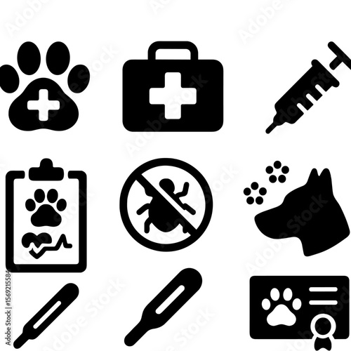 Pet Health Icons. Solid style icons of pet health: paw with cross, first aid kit, pet vaccine, health check chart, pet thermometer