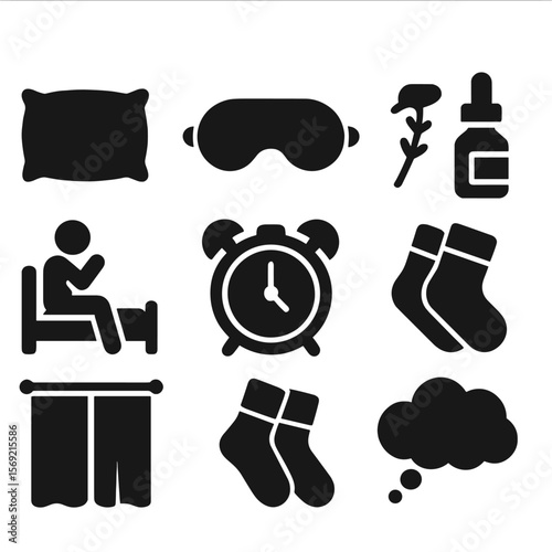Sleep Hygiene Essentials. Solid style icons of sleep hygiene: pillow, sleep mask, alarm clock, lavender oil, bedtime routine,