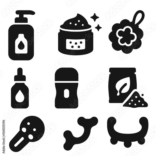 Body Care Icons. Solid style icons of body care: body lotion, body scrub, bath bomb, loofah, body oil, deodorant, bath salts,