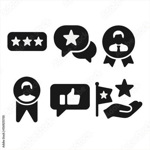 Tenant Review Icons. Solid style icons of tenant reviews: star rating, review bubble, landlord reply, review badge, top tenant