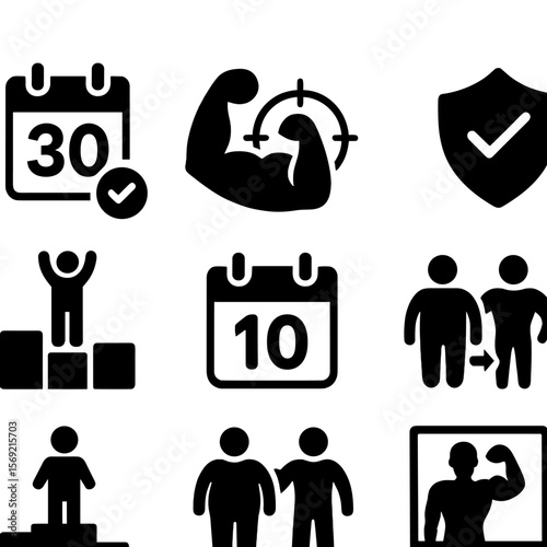 Fitness Challenge Icons. Solid style icons of fitness challenges: 30-day challenge, fitness goal icon, day streak, challenge badge