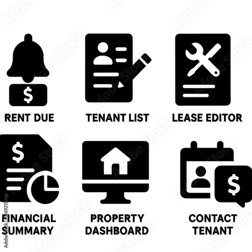 Landlord Tools Icons. Solid style icons of landlord tools: rent due alert, tenant list, lease editor, repair request, financial