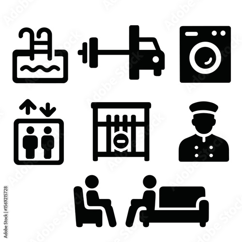 Housing Amenities Icons. Solid style icons of housing amenities: pool access, gym icon, parking space, laundry room, elevator icon