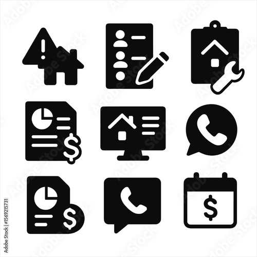 Landlord Tools Icons. Solid style icons of landlord tools: rent due alert, tenant list, lease editor, repair request, financial