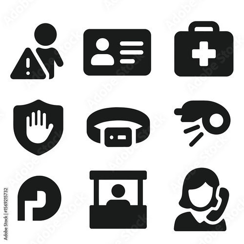 Emergency Support Icons. Solid style icons of emergency and support: lost child alert, contact card, emergency whistle, first aid