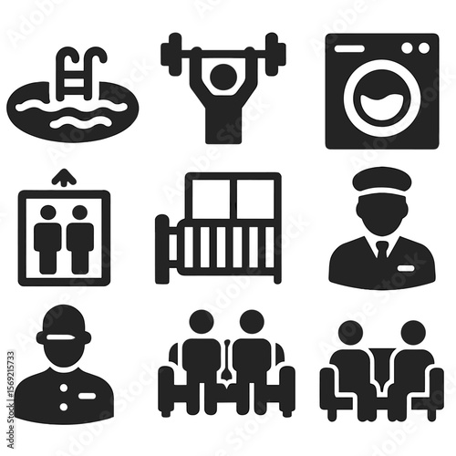 Housing Amenities Icons. Solid style icons of housing amenities: pool access, gym icon, parking space, laundry room, elevator icon