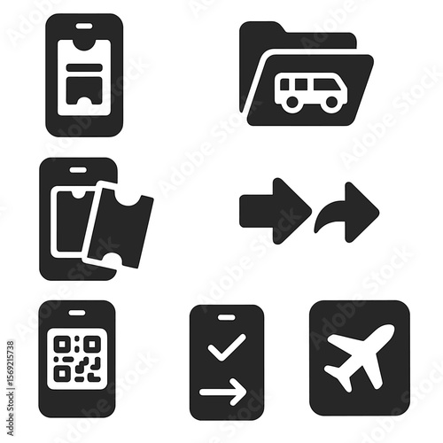 Mobile Ticket Icons. Solid style icons of mobile ticket wallet: saved tickets icon, travel pass folder, recent bookings, share