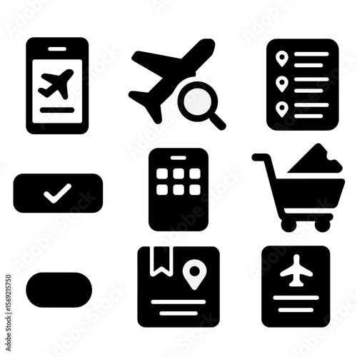 Travel App Icons. Solid style icons of travel booking apps: mobile booking screen, search flights icon, destination list, ticket