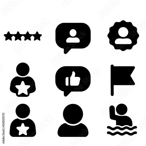 Tenant Review Icons. Solid style icons of tenant reviews: star rating, review bubble, landlord reply, review badge, top tenant