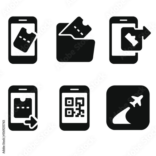 Mobile Ticket Icons. Solid style icons of mobile ticket wallet: saved tickets icon, travel pass folder, recent bookings, share
