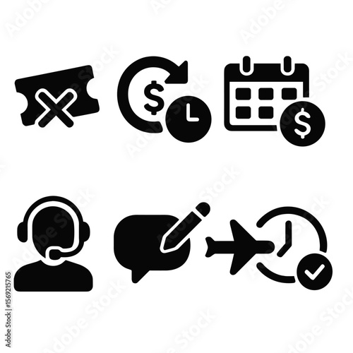 Cancellation Icons Collection. Solid style icons of cancellation and changes: cancel ticket icon, refund request, reschedule