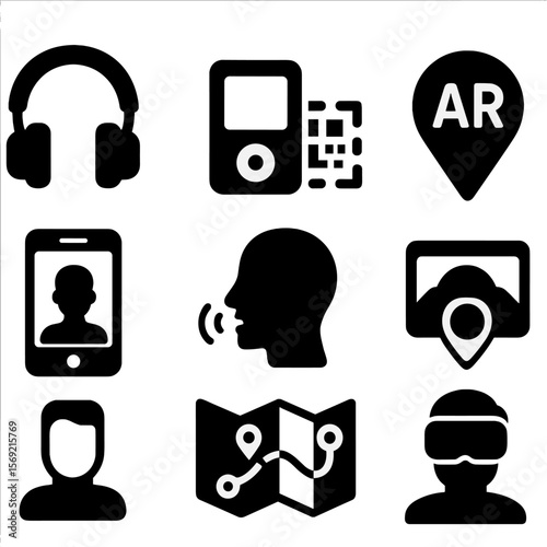 Audio and AR Icons. Solid style icons of audio and AR tours: headphone icon, audio device, QR scan for tour, AR location marker,