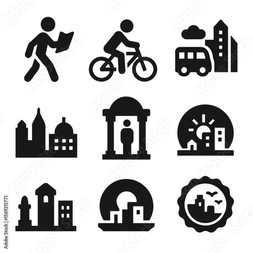 City Tour Icons. Solid style icons of city tours: walking tour, bike tour, bus tour icon, city highlights, monument stop, skyline