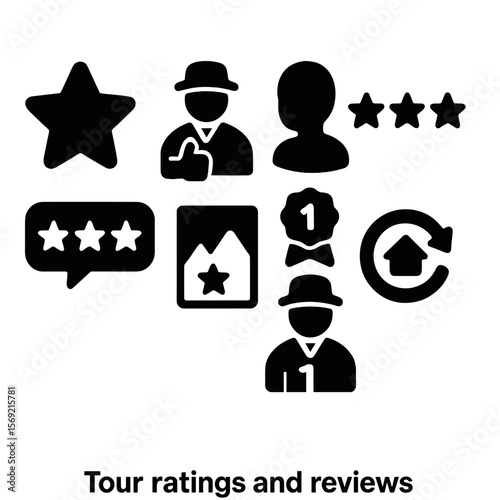 Tour Rating Icons. Solid style icons of tour ratings and reviews: star review, guide thumbs-up, guest feedback, rating stars,