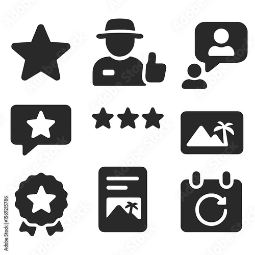 Tour Rating Icons. Solid style icons of tour ratings and reviews: star review, guide thumbs-up, guest feedback, rating stars,