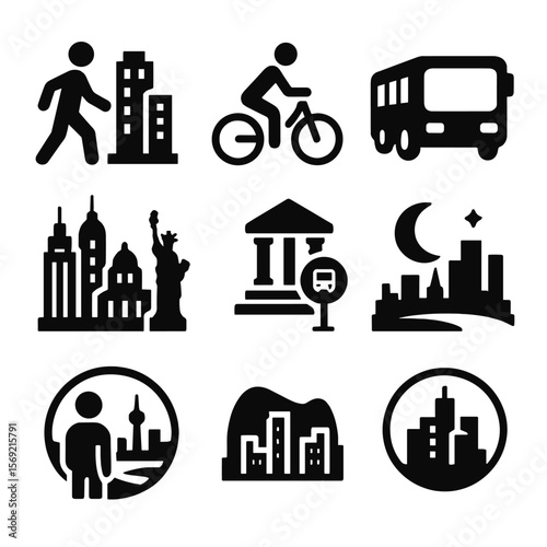 City Tour Icons. Solid style icons of city tours: walking tour, bike tour, bus tour icon, city highlights, monument stop, skyline