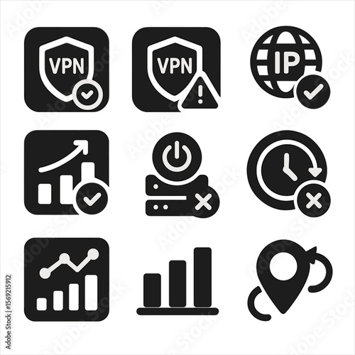 Solid VPN Icons. Solid style icons of VPN notifications: VPN connected alert, disconnect warning, IP changed message, data usage